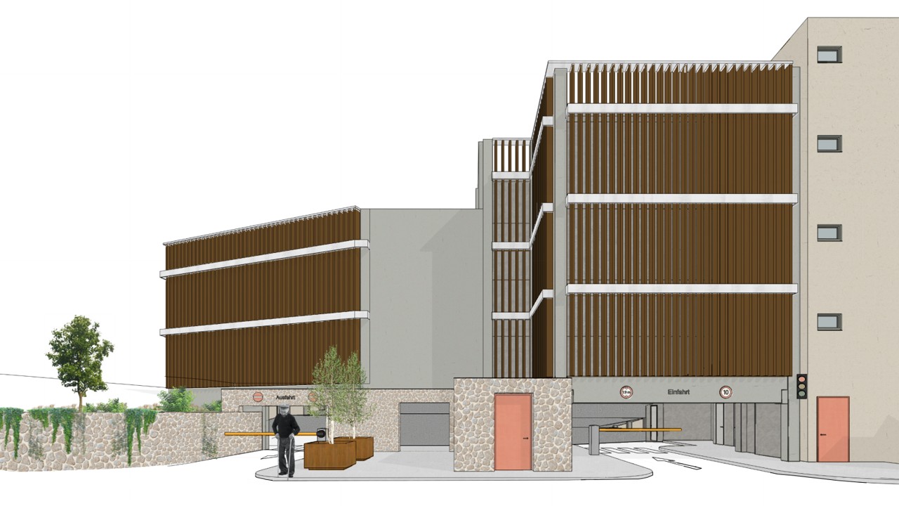 Visualisierung des neuen Ein- und Ausfahrbereichs des Parkhauses Altstadt. Bildnachweis: Architekturbüro Stahn.