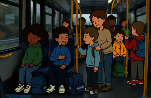 Comiczeichnung von Kindern im Bus