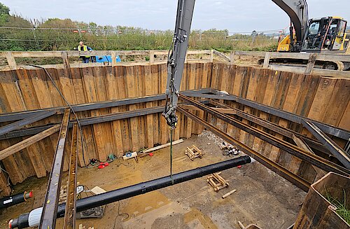 Blick in den XXL-Graben an der Eisenbahnstrecke zur Verlegung der Fernwärmeleitungen. 