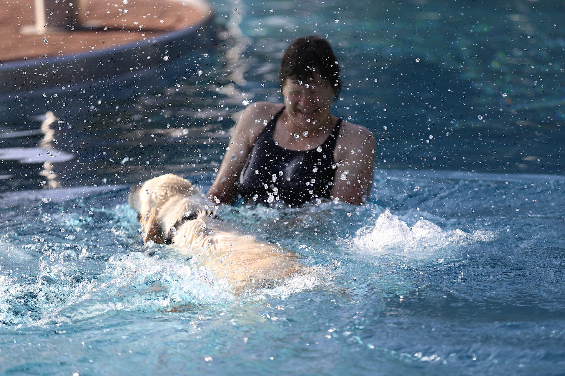 Besitzerin planscht mit ihrem Hund im Schwimmbecken.