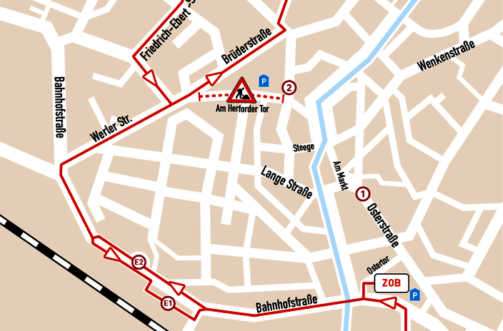 Karte mit der Umleitung der Linie 942
