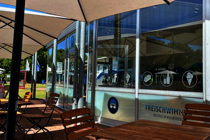 Blick auf die Terrasse vom Bistro mit Tischen und Stühlen 