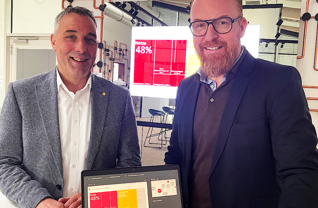 Dirk Tolkemitt und Volker Stammer präsentieren die diesjährigen Investitionsschwerpunkte der Stadtwerke.
