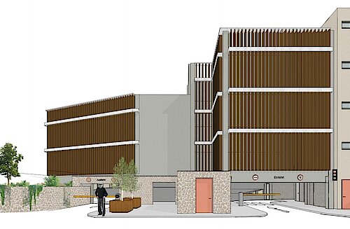 Visualisierung des neuen Ein- und Ausfahrbereichs des Parkhauses Altstadt. Bildnachweis: Architekturbüro Stahn.