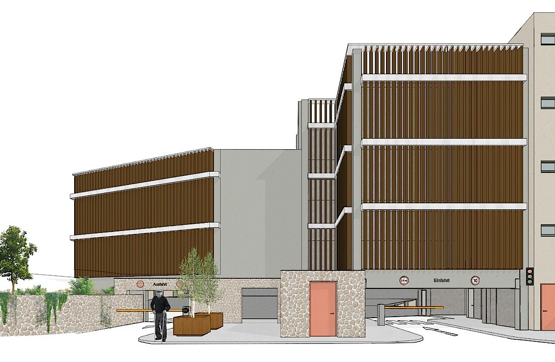 Visualisierung des neuen Ein- und Ausfahrbereichs des Parkhauses Altstadt. Bildnachweis: Architekturbüro Stahn.
